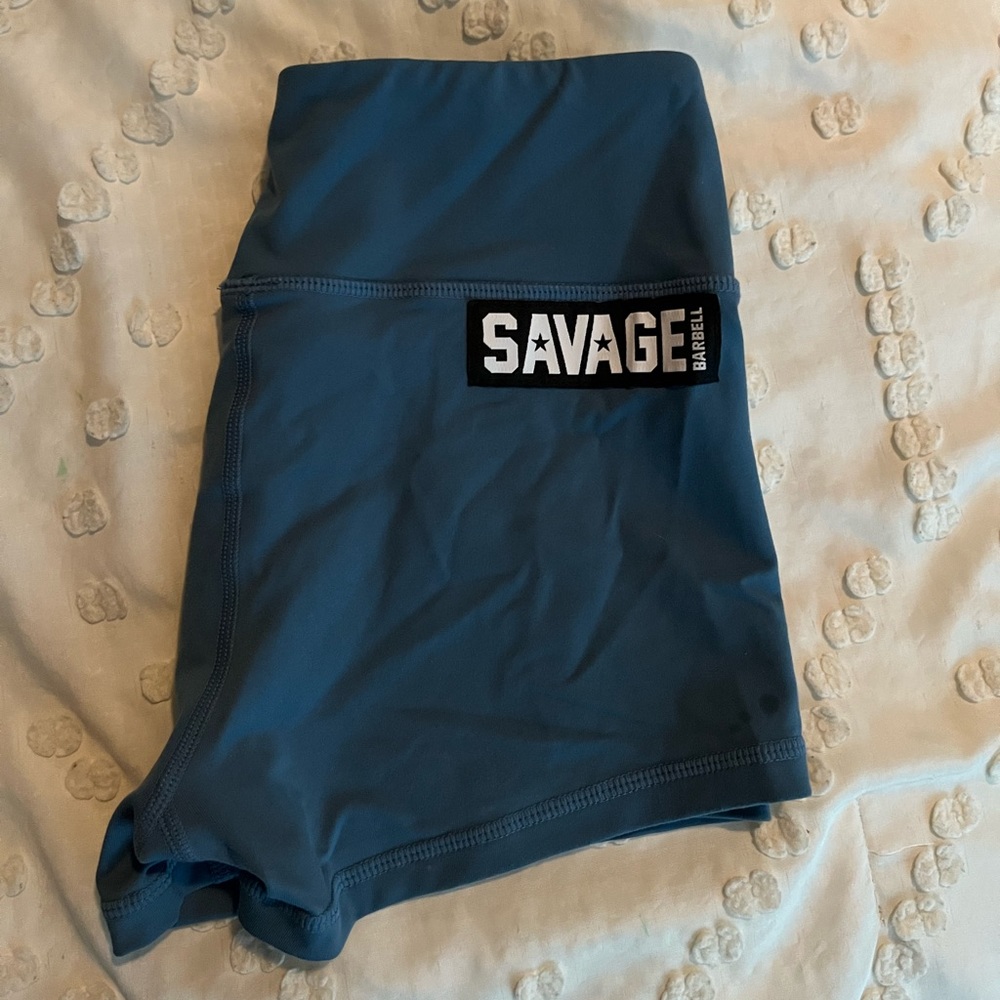 Savage barbell booty shorts! Blue steel color